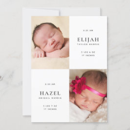 Nyfödda Twillingar 2-sidigt meddelande om foto Inbjudningar