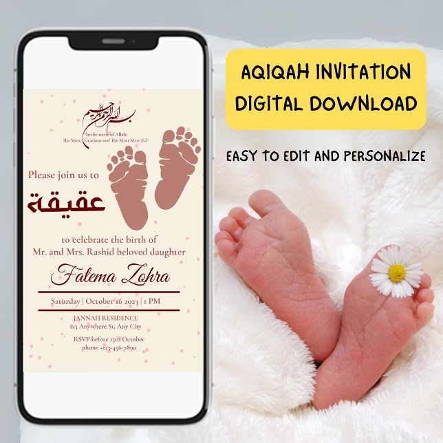 NyföddaBaby Girl Muslim Aqiqah Aqeeqa Inbjudningar (Footprint NewbornBaby Girl Muslim Aqiqah Aqeeqa Invitation)