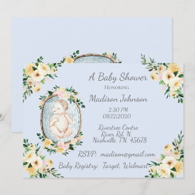 Nyfött Baby blue Blommigt Pojke Shower Inbjudningar (Fram/baksida)