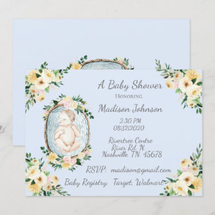 Nyfött Baby blue Blommigt Pojke Shower Inbjudningar