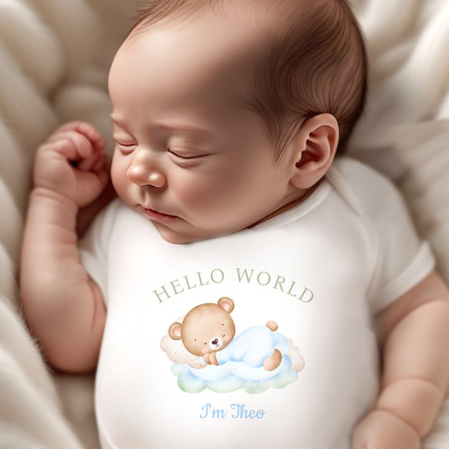 Nyfött Bear-Grönten Pojke Namn T Shirt (Newborn Baby Boy Name Blue Green Bear Baby Bodysuit)