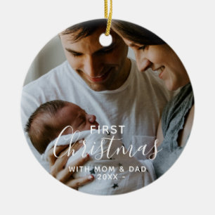Nyfött foto - första jul med föräldrar julgransprydnad keramik
