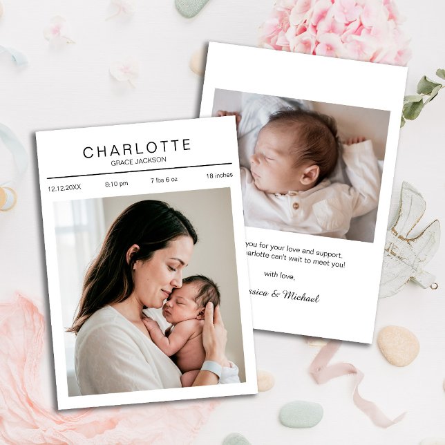 Nyfött Photo Baby Stats Birth Announcement Card Meddelande (Skapare uppladdad)
