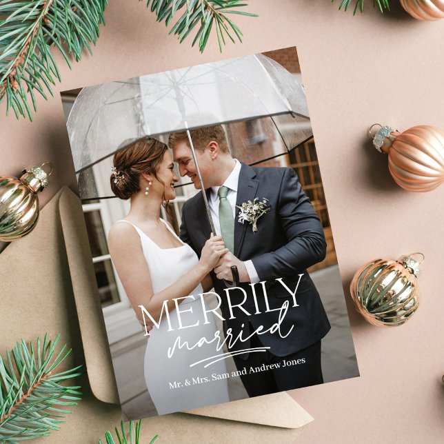 Nygift Par Glatt Gifta Holiday Foto Kort (Skapare uppladdad)