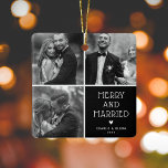 Nygifta 3 x Photo Merry & Married jul Julgransprydnad Keramik<br><div class="desc">Dubblan ställde Merry & Married 3 Photo Collage jul Ornament. Anpassa namn och datum.</div>