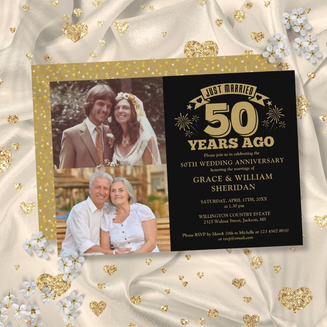 Nygifta 50-årsjubileum 2 Foto Guld Svart Inbjudningar (Just Married 50th Anniversary 2 Photo Gold Black Invitation)