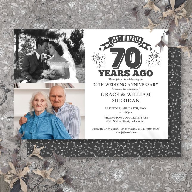 Nygifta 70-årsjubileum för bröllop 2 Foto Inbjudningar (Just Married 70th Wedding Anniversary 2 Photo Invitation)