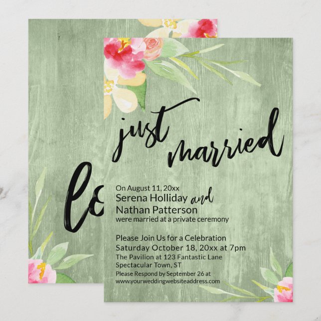 Nygifta Akvarell Blommor & Grön Trä Inbjudningar (Fram/baksida)