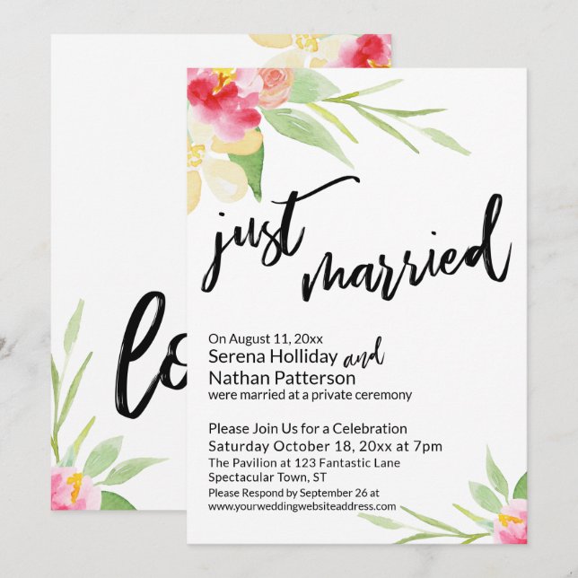 Nygifta Casual typografi, akvarell blommor Inbjudningar (Fram/baksida)