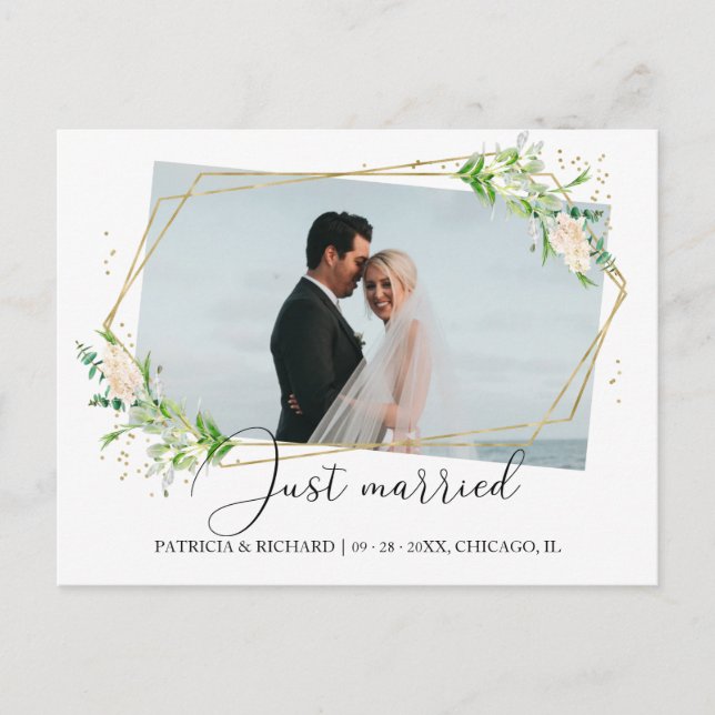 Nygifta Elegant Grönska Eloped Annonsering Vykort (Framsida)