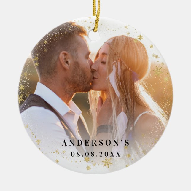 Nygifta fotnossar guld snö julgransprydnad keramik (Framsidan)