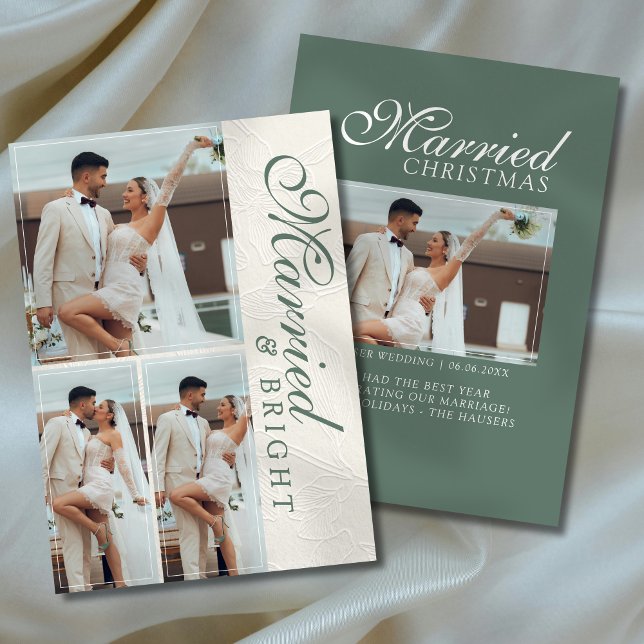 Nygifta Foto Grid Bröllopskort Julkort (Capture the love from your wedding day with this Married and Bright Photo Grid Newlywed Holiday Card)