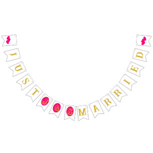 "Nygifta" guld magenta hjärtan Vimplar