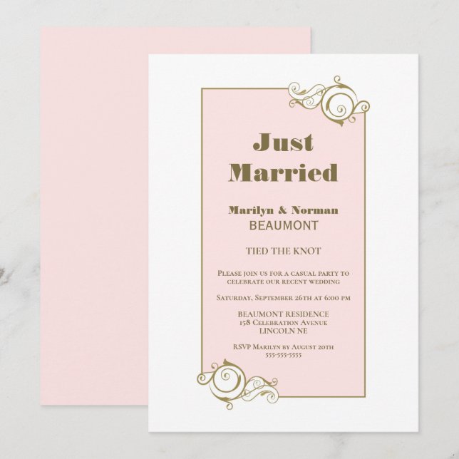 Nygifta Guldram Rosa Bröllopsmottagning Inbjudningar (Fram/baksida)