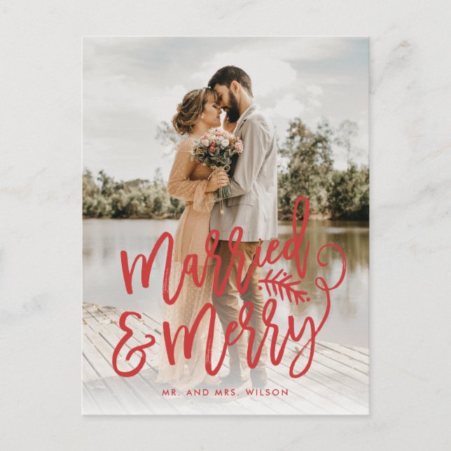 Nygifta julfotografiet rött helg vykort (Framsida)