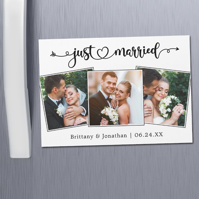 Nygifta Kalligrafi Hjärtformad 3 Foto Magnet Kort (Customize to change your personalized text size or text style.)