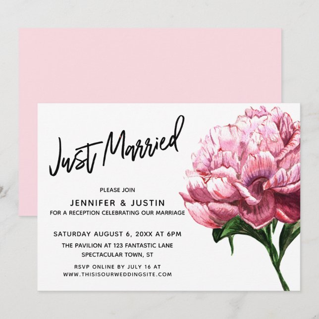 Nygifta manus, rosa vattenfärg peony blomma inbjudningar (Fram/baksida)
