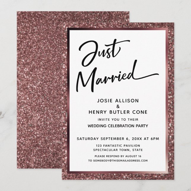 Nygifta manus Roséguld Glittermottagning Inbjudningar (Fram/baksida)
