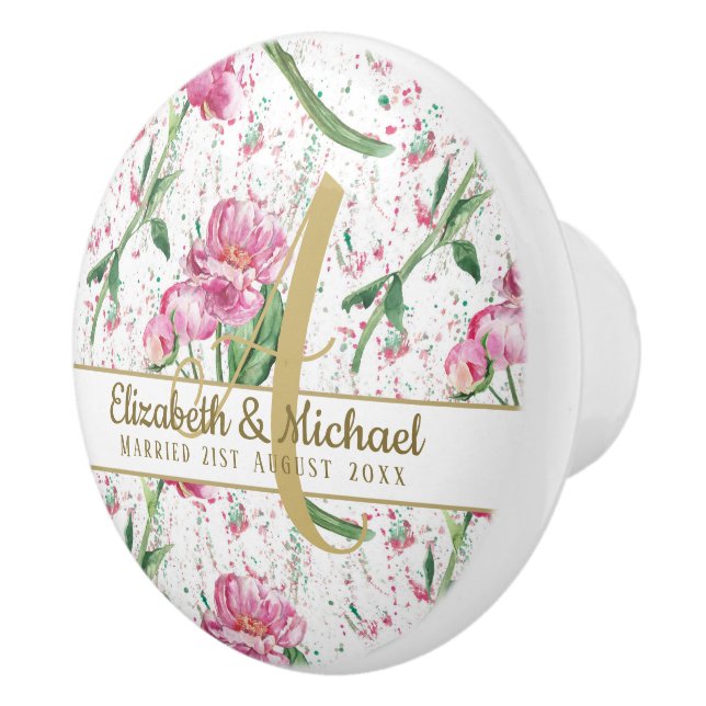 Nygifta med Guldmonogram Rosa Peonier Gröna blad Knopp (Höger)