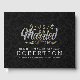 Nygifta modern glam typografi svart damask gästböcker