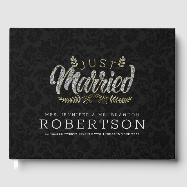 Nygifta modern glamour typografi svart damask gästböcker (Framsida)