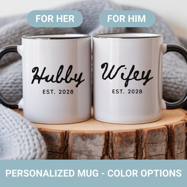 Nygifta Mugg Set, Personligt Bröllopsgåva (Engagement gifts for couples, Wedding gifts for bride and groom, Wifey and Hubby matching mugs)