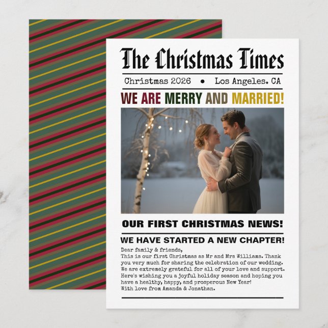 Nygifta Vår Första Jul Tidningsstil Foto Julkort (Fram/baksida)