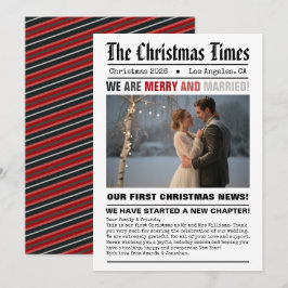 Nygifta Vår Första Jul Tidningsstil Foto Julkort