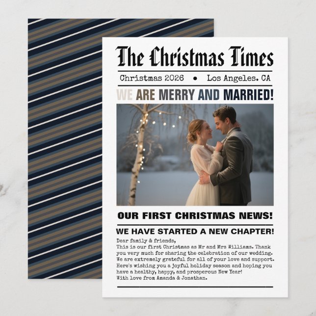 Nygifta Vår Första Jul Tidningsstil Foto Julkort (Fram/baksida)