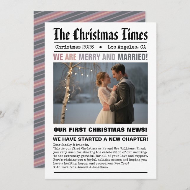 Nygifta Vår Första Jul Tidningsstil Foto Julkort (Fram/baksida)