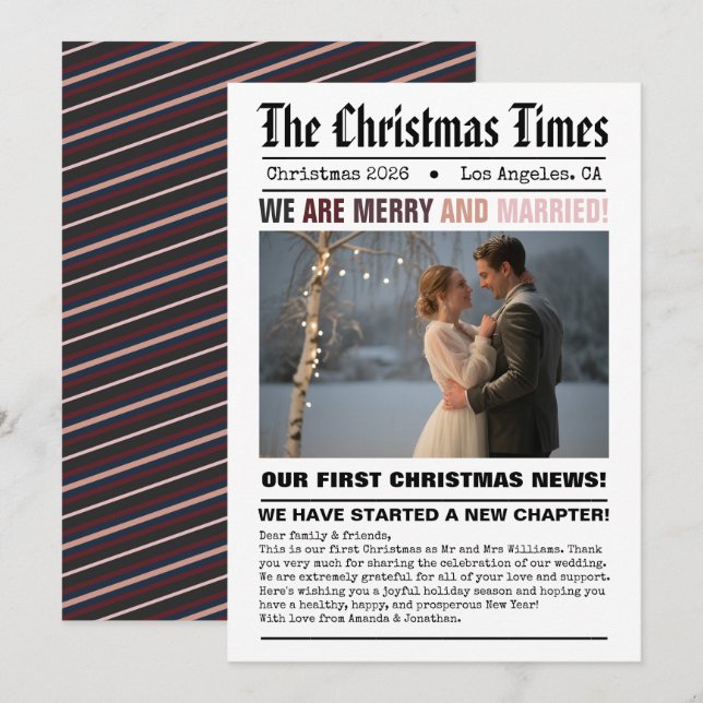 Nygifta Vår Första Jul Tidningsstil Foto Julkort (Fram/baksida)