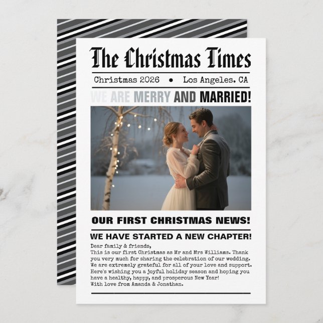 Nygifta Vårt Första Jul Tidningsstil Foto Julkort (Fram/baksida)