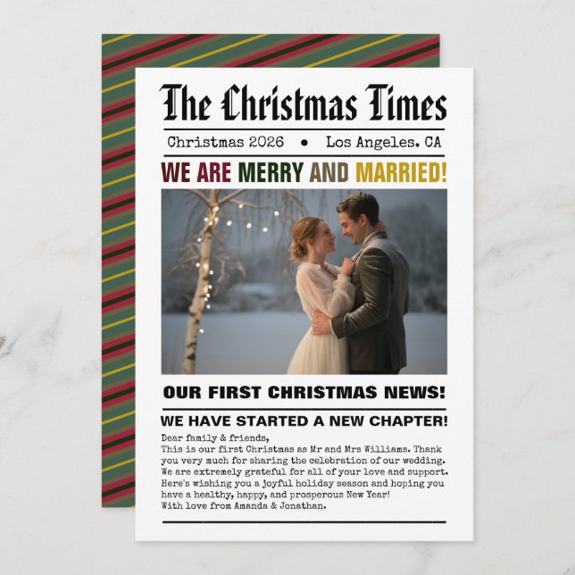 Nygifta Vårt Första Jul Tidningsstil Foto Julkort (Fram/baksida)