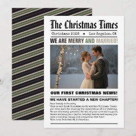 Nygifta Vårt Första Jul Tidningsstil Foto Julkort