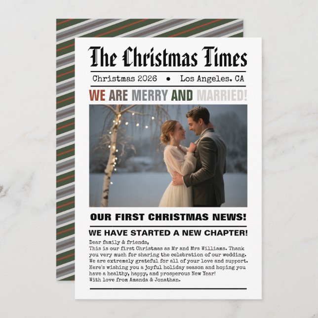 Nygifta Vårt Första Jul Tidningsstil Foto Julkort (Fram/baksida)