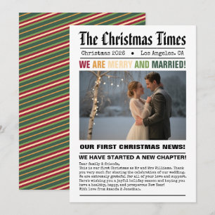 Nygifta Vårt Första Jul Tidningsstil Foto Julkort