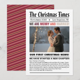 Nygifta Vårt Första Jul Tidningsstil Foto Julkort