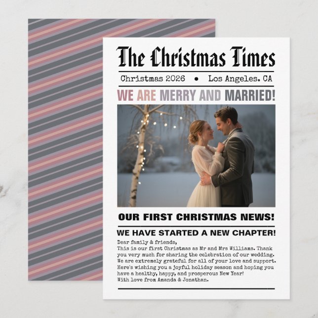 Nygifta Vårt Första Jul Tidningsstil Foto Julkort (Fram/baksida)