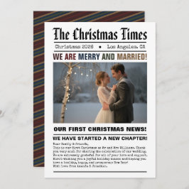 Nygifta Vårt Första Jul Tidningsstil Foto Julkort