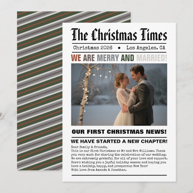Nygifta Vårt Första Julen Tidningsstil Foto (Fram/baksida)