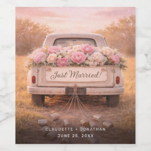 Nygifta Vintage Lastbil Blush Blommig Bröllop Vinflaska Etikett