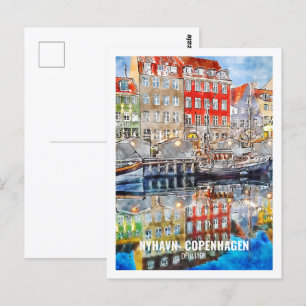 Nyhavn Copenhagen Danmark Travel Watercolor Sketch Vykort