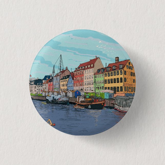 Nyhavn Copenhagen Danmark Whimsical llustration Knapp (Framsida)