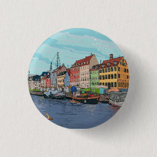 Nyhavn Copenhagen Danmark Whimsical llustration Knapp