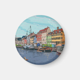 Nyhavn Copenhagen Danmark Whimsical llustration Magnet