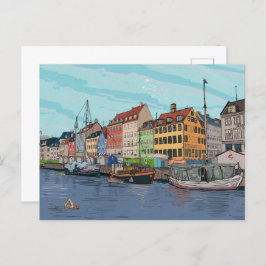 Nyhavn Copenhagen Danmark Whimsical llustration Vykort