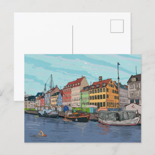 Nyhavn Copenhagen Danmark Whimsical llustration Vykort