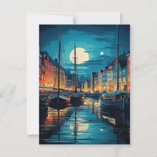 Nyhavn Copenhagen Moonlit Canal Night Vykort