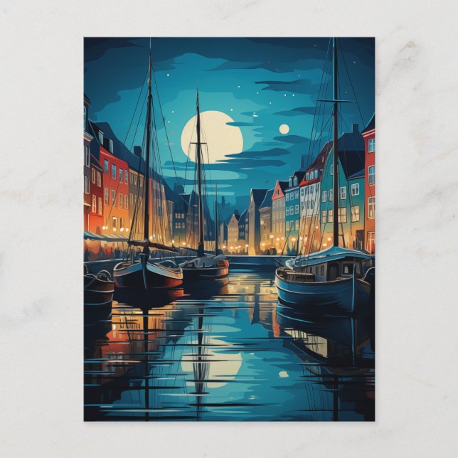 Nyhavn Copenhagen Moonlit Canal Night Vykort (Framsida)