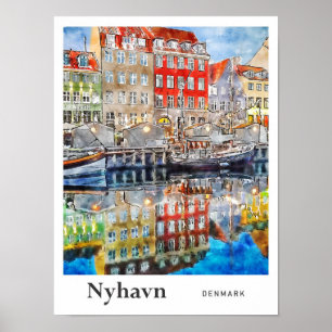 Nyhavn Danmark Travel Watercolor Hand plockade Poster